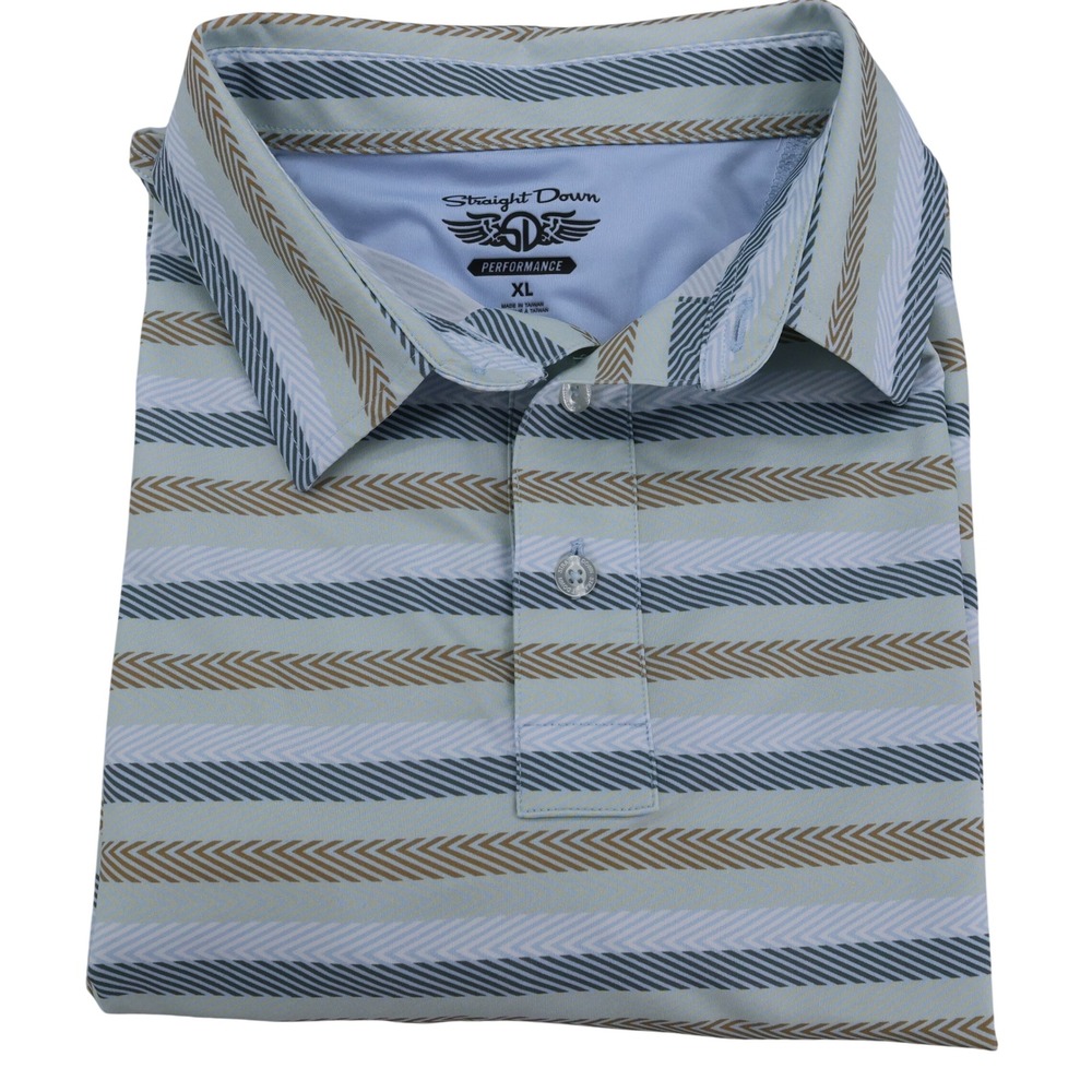 Straight Down Performance Mens XL Golf Polo Shirt Striped Blue Tan Short Sleeve
